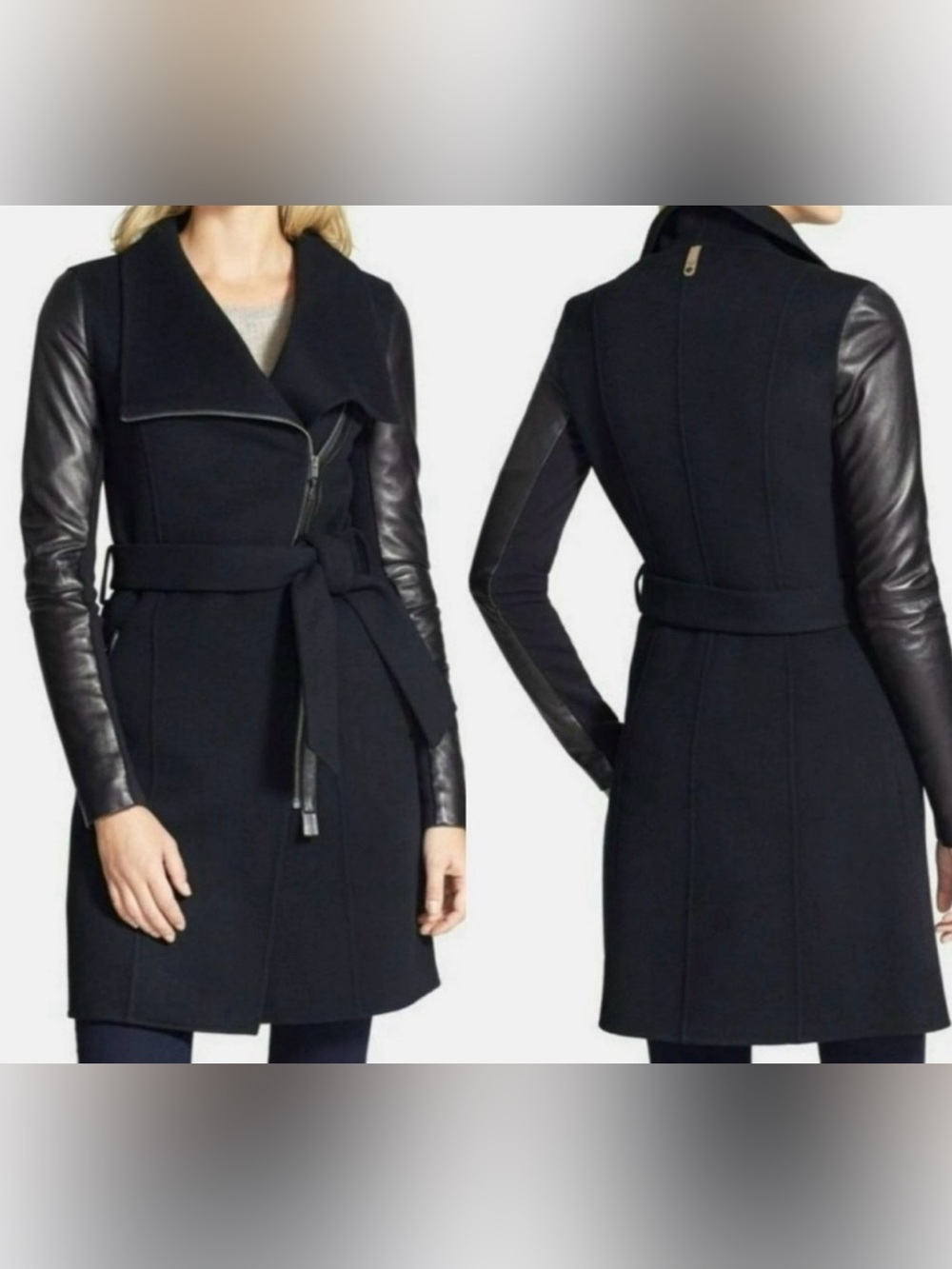 Mackage Hemy Wool Leather Sleeve Coat Black L Belted Minimalist Quiet Luxury